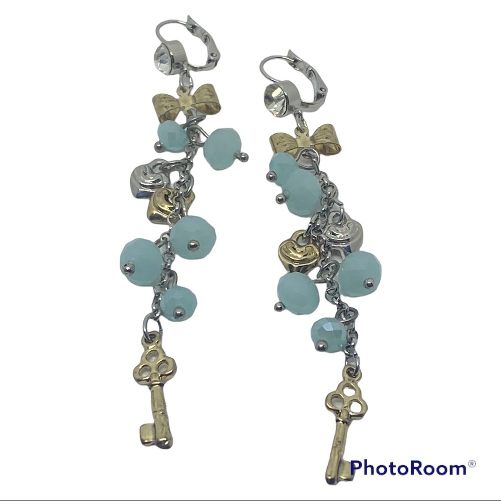 Juicy Couture Long Dangle Gold Silver Two-Tone Charm Bead Earrings